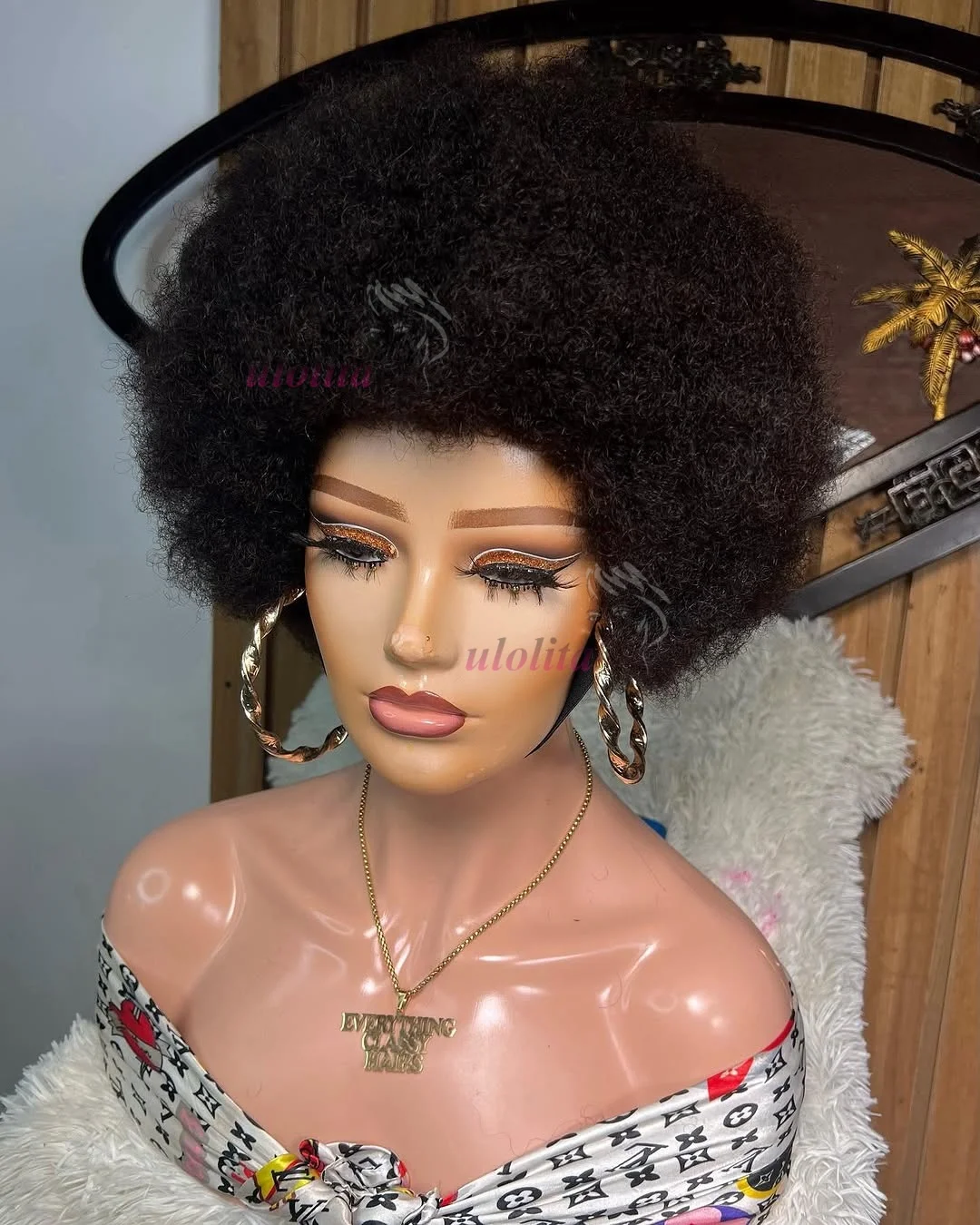 Mongolische Afro-Kinky-Curly-Perücke aus 100% Echthaar, flauschig, voluminös, maschinell gefertigt, hochwertige Perücke für schwarze Frauen, für den täglichen Gebrauch. – Detail 6