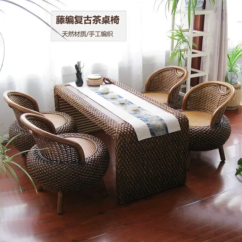 Simple rattan living room coffee table antique balcony tea and chair combination straw tatami kung fu tea table floor