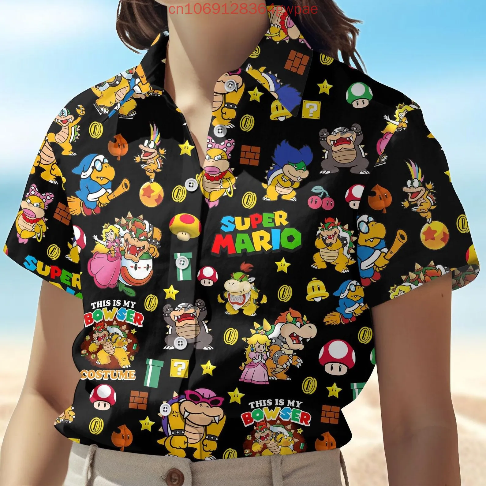 Super Mario Women's Short Sleeve Hawaiian Shirt Summer Fashion Sexy Beach Shirt Princess Peach Casual Sun Protection Shirt