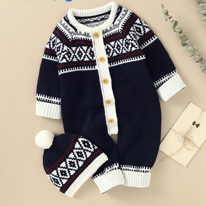 New Christmas Newborn Baby Romper +Hat Knitted Toddler Girls Christmas Kids Clothes One Piece Overall Infant Boy Jumpsuit Outfit