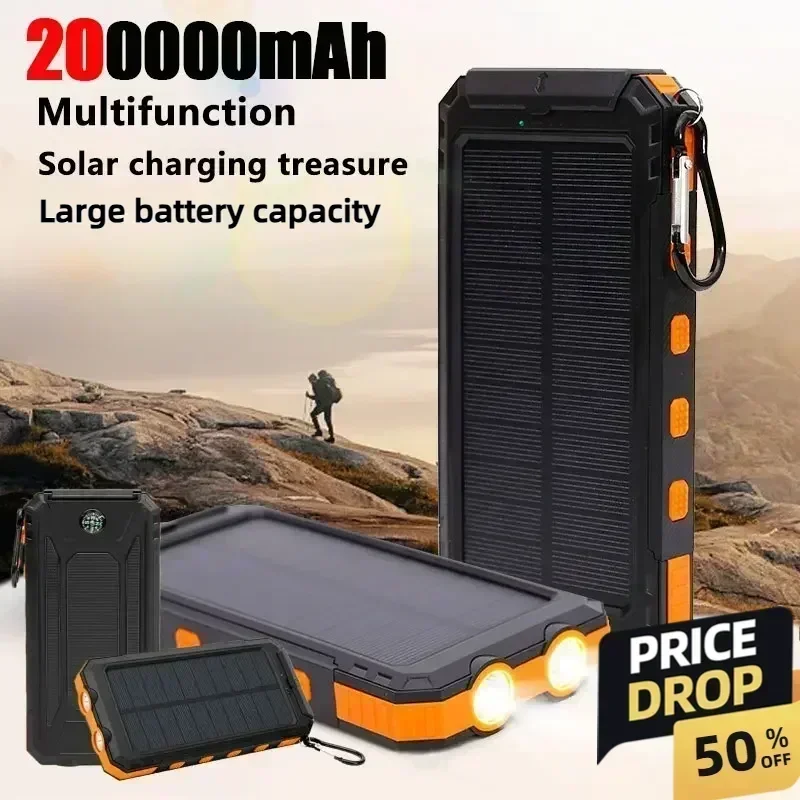 200000mAh Solar Power Bank Outdoor Portable Solar Charger Powerbank Waterproof External Battery with LED Light Double USB