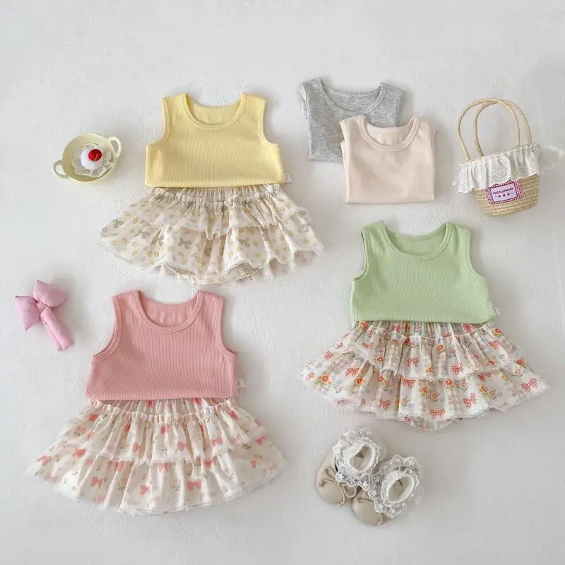 Summer Girls Suit Thin Sleeveless Vest Fashionable Floral Cake Skirt Cute Baby Two-Piece Set Korean Kids Clothing 2026 New