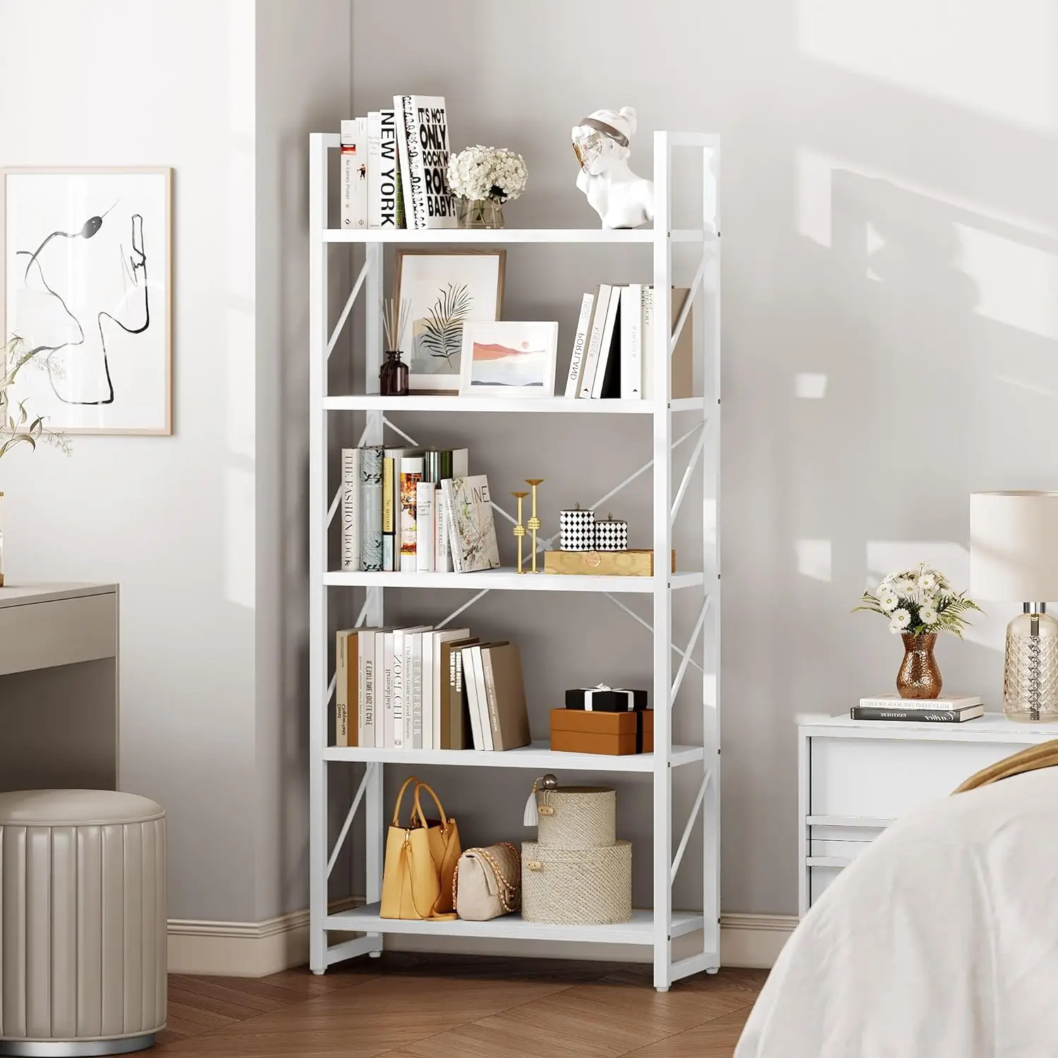 5 Tiers Bookshelf, Modern White Bookcase, Book Holder Organizer, Display Storage Rack Standing Shelves for Bedroom Living Room