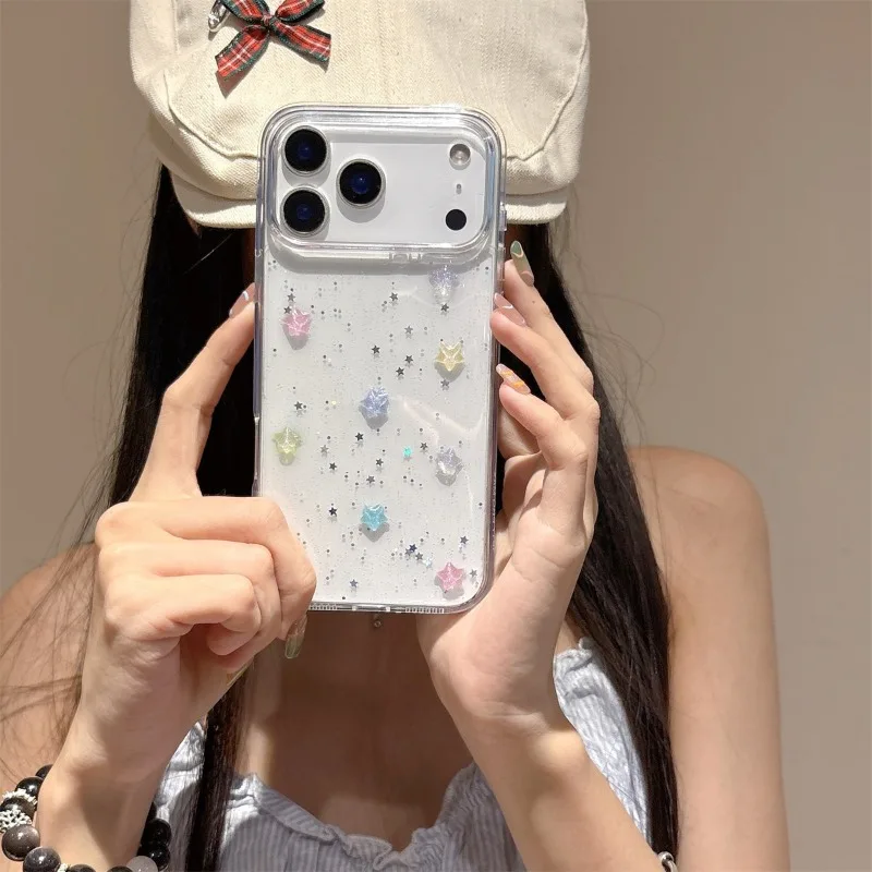 

Shock Proof Phone Cover Case for IPhone 17 16 15 14 13 12 Pro Max Creative Transparent Drop Glue Colorful Stars Glitter