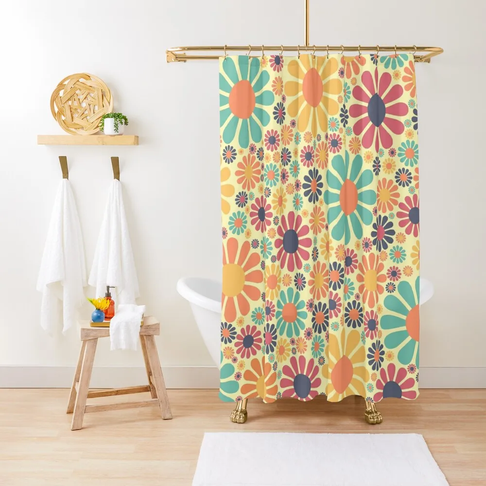 Groovy Flower Pattern Shower Curtain Waterproof Fabric Bathroom Waterproof Bathroom Shower Curtain