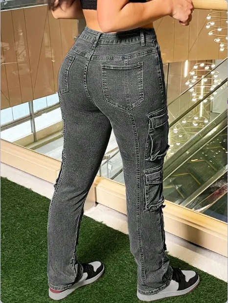 جديد منخفض الخصر غسلها الرجعية المتعثرة متعدد جيب تصميم ملابس العمل نمط الجينز للنساء الاتجاه عادية سليم صالح الجينز