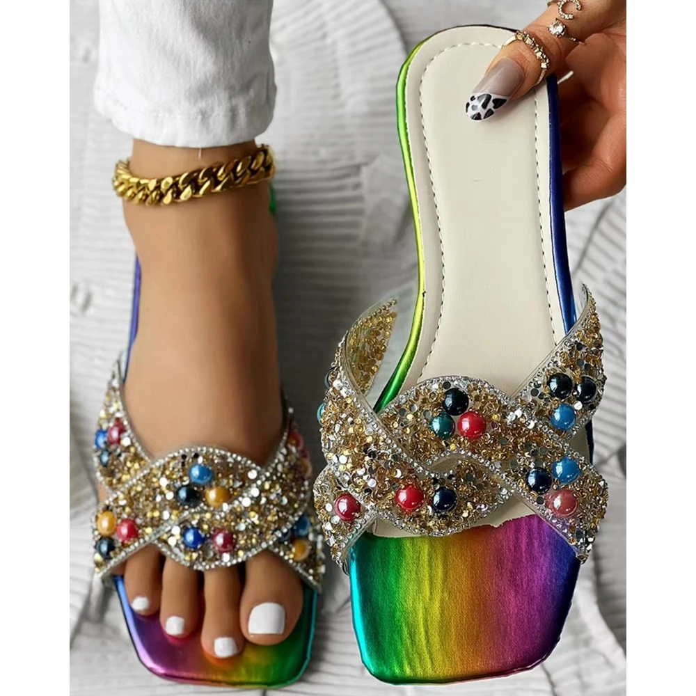 Outdoor Summer Multi-Color Rainbow Stripe Print Criss Cross Beaded Sequin Slippers Fashion Casual Going Out Luxury Sandals Shoes