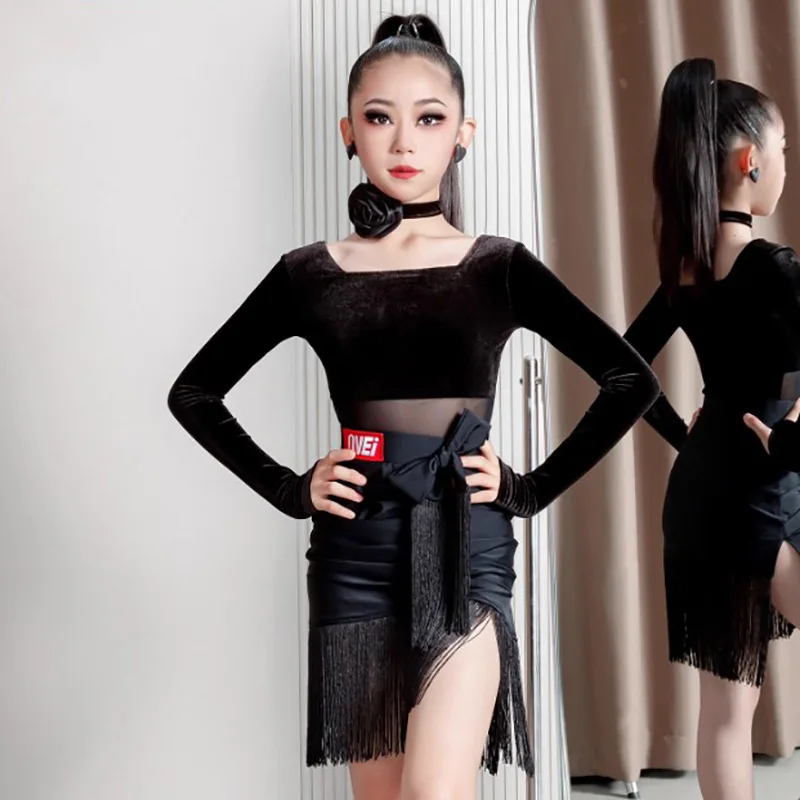 

Детские костюмы для латинских танцев для девочек, бархатный сетчатый боди с длинными рукавами и юбки с бахромой и бантом, танцевальная одежда для румбы и ча-ча-ча