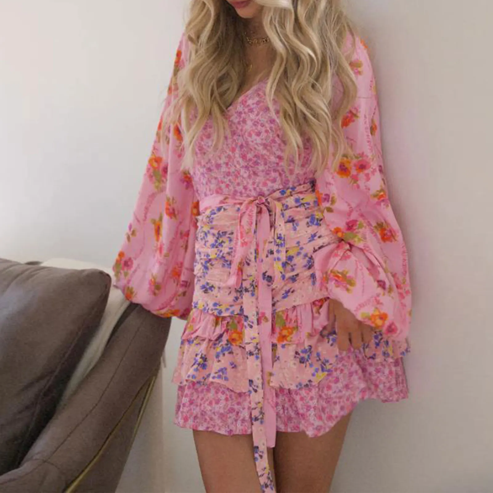 Women Long Sleeve Floral Dress Layered Ruffle V Neck Party Mini Dress for Beach Cocktail Club Streetwear