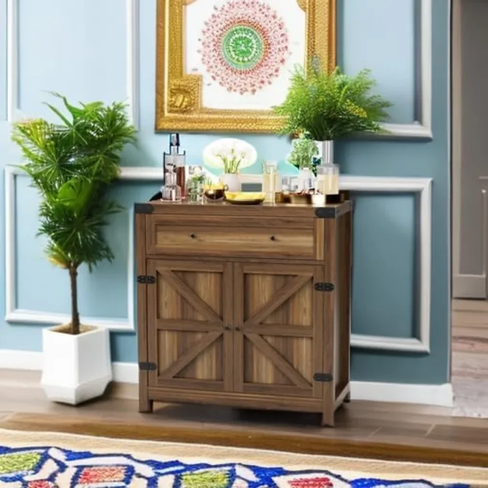Coffee Bar Cabinet Farmhouse Kitchen Sideboard Buffet Cabinet with Drawer and Adjustable Shelf Barn Door Storage Cabinet image 5