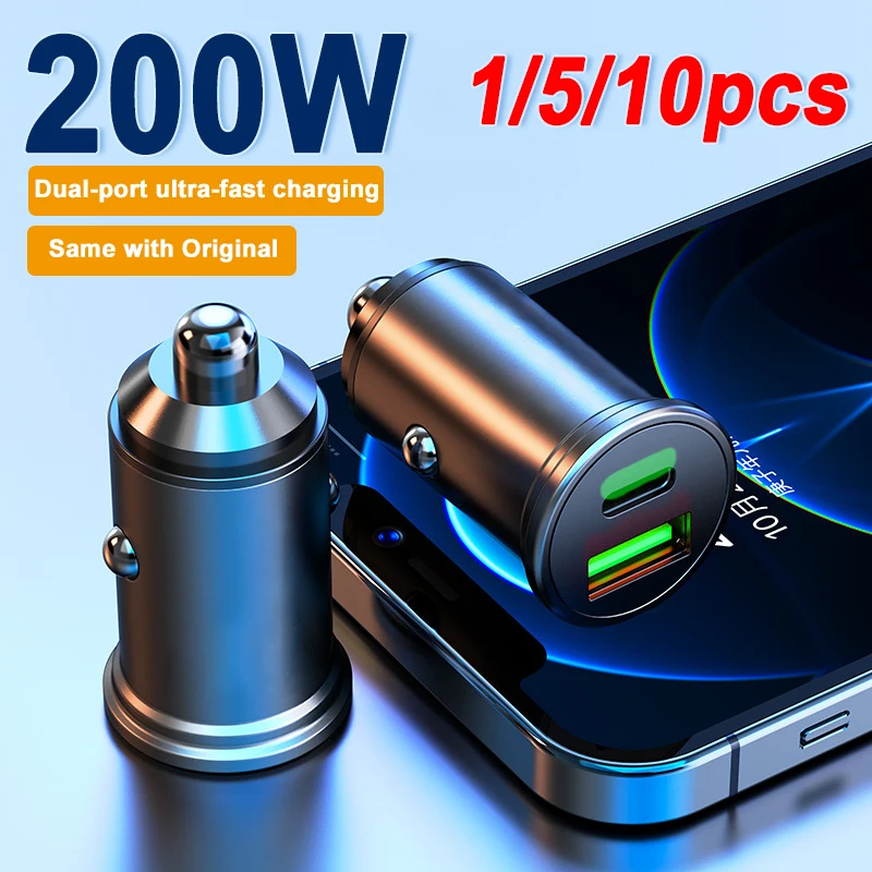 200W Mini Car Charger Lighter Fast Charging for iPhone Xiaomi Samsung Huawei Mini PD USB Type C Car Mobile Phone Charger