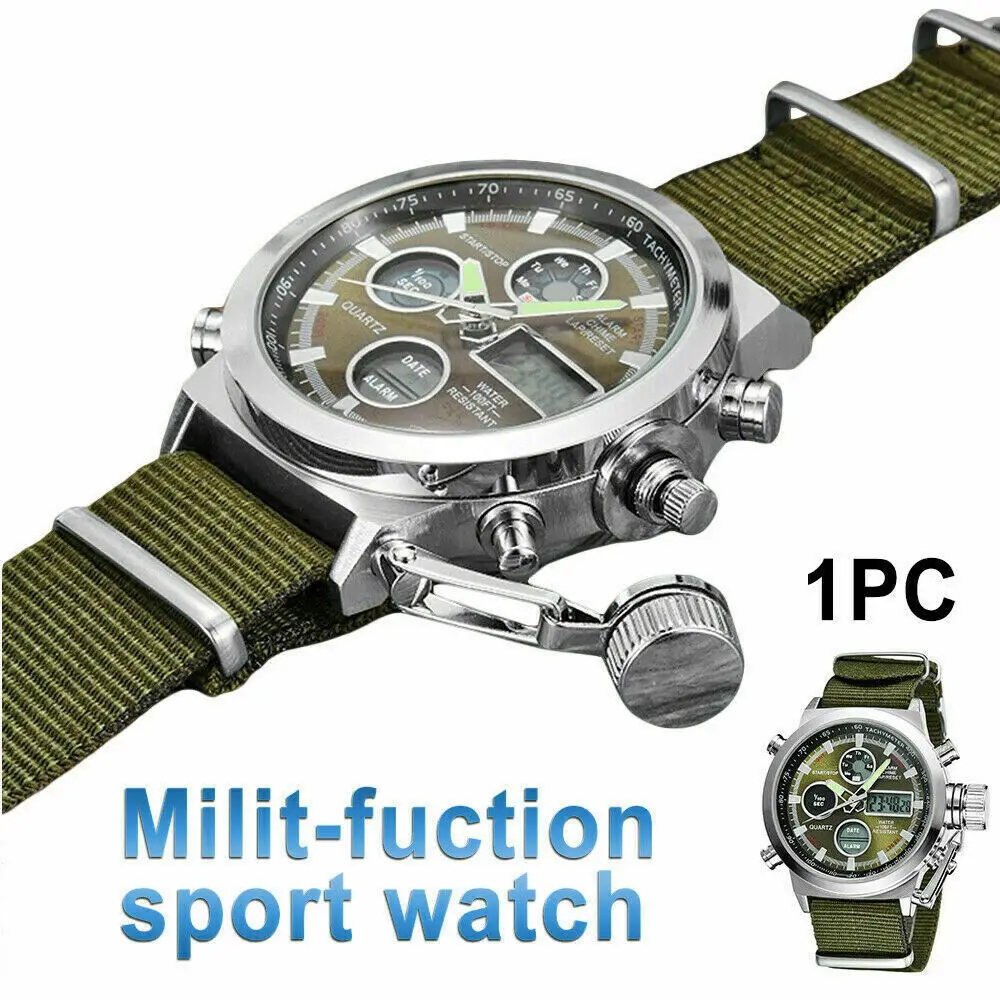 

Men Military Wrist Watch Army Green Analog Digital Quartz Nylon Canvas Green Strap Watch