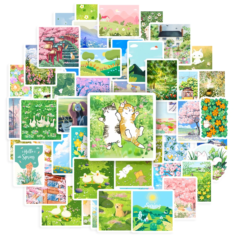 Sunny Spring Stickers Outing Green Leaf Animals Pet DIY Toy Gift Decorative Decal for Phone Luggage Laptop  Scrapbook Waterproof