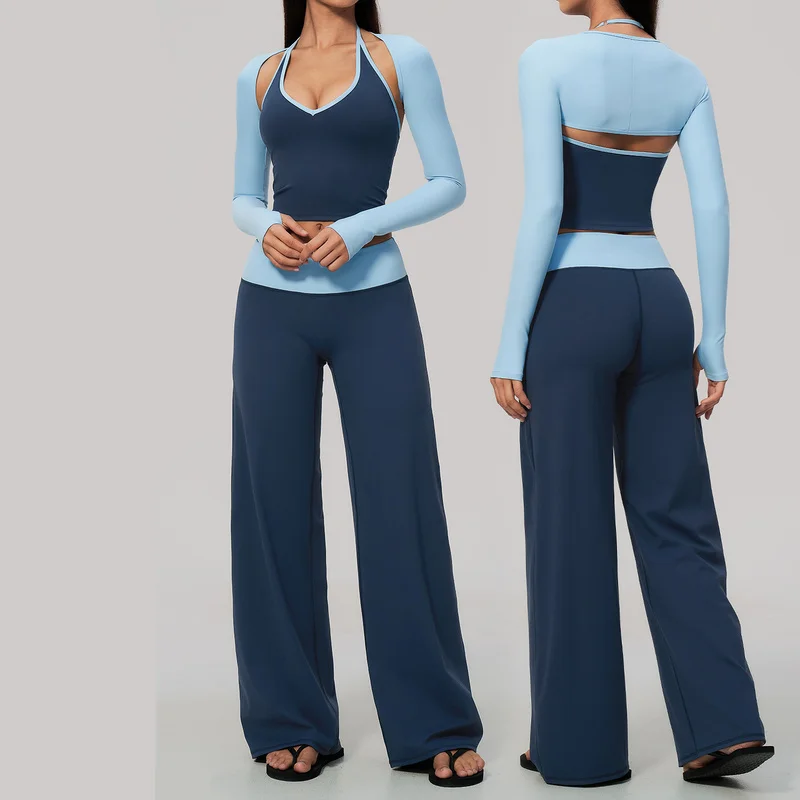 2026 Sports Suit V Halter Neck High Waist Tummy Long Sleeve Women's 3PCS Yoga Set Cover Up Yoga Outfit Gym Clothing Fitness Sets