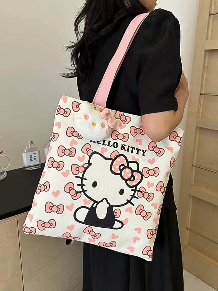 Hello Kitty Cat Cartoon Canvas Bag Female Student Handbag Large Capacity Single Shoulder Tote Bag Handbag Fun Companion Gift