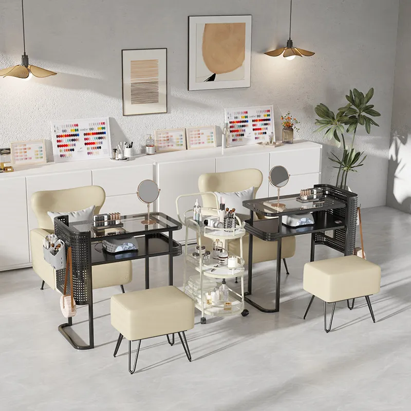 LTT black manicure table and chair set embedded manicure shop glass special table