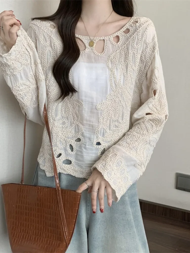 Oversized Design Shirts Solid Color Hollow Out Embroidery Long Sleeve Spring Autumn Blouses Fashion Vintage 2024 Women Clothing