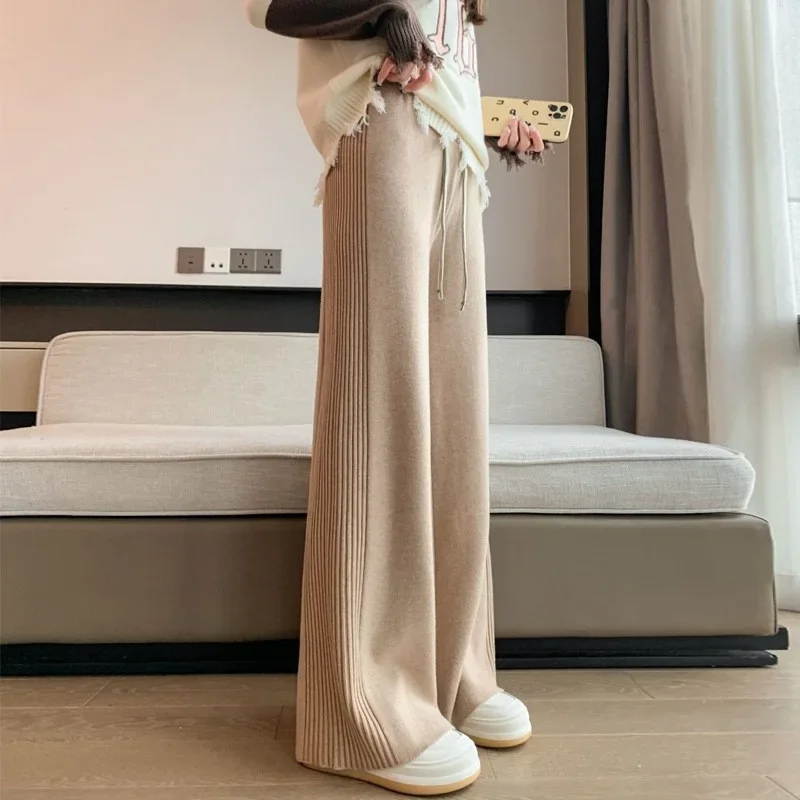 

Women Autumn/Winter Knitted Wide Leg Pants High Waisted Drawstring Loose Straight Casual Basics Pleated SweatPants Home Trousers