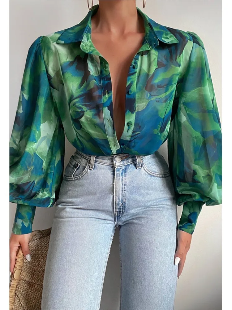 Spring Women Shirt Print Button Lantern Sleeve Elegant Office Loose Blouses 2024 Female New Summer Casual Fashion Ladies Clothes