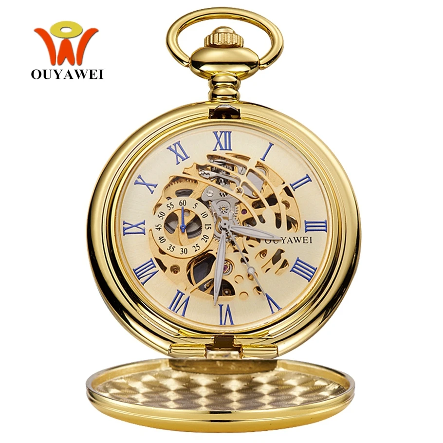 Luxury Golden Mechanical Pocket watch for Men Skeleton Hand Wind Fob Watch with Chains Antique Pendant Clocks Weeding Gifts