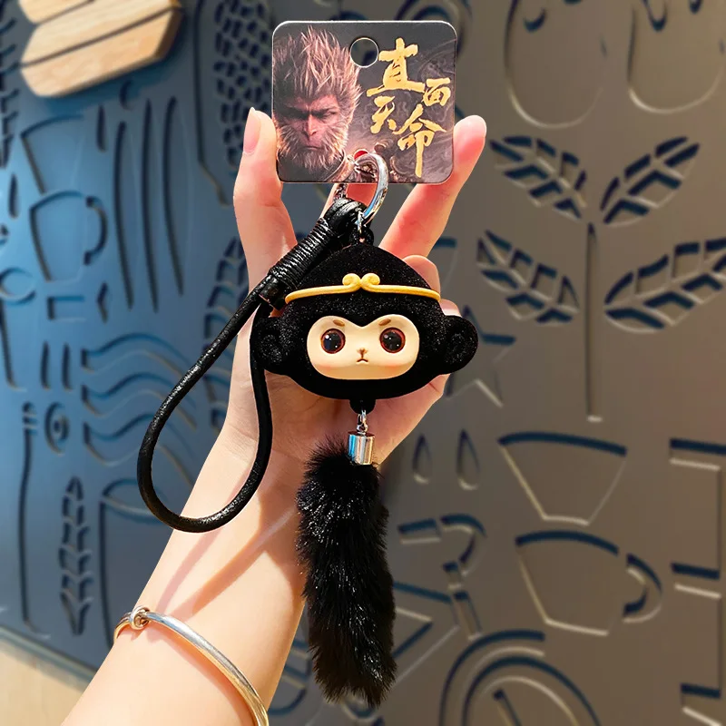 Cartoon Destiny Man Black Monkey Character Keyring Pendant Doll Cool Plush Monkey Tail Black Myth Monkey Game Souvenir Key Chain