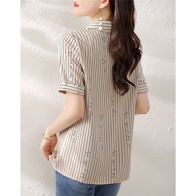 Women Clothes Summer Trendy Striped Print Pocket Elegant Blouses High Quality V Neck Short Sleeve Shirts Blusa Mujer Moda 2023