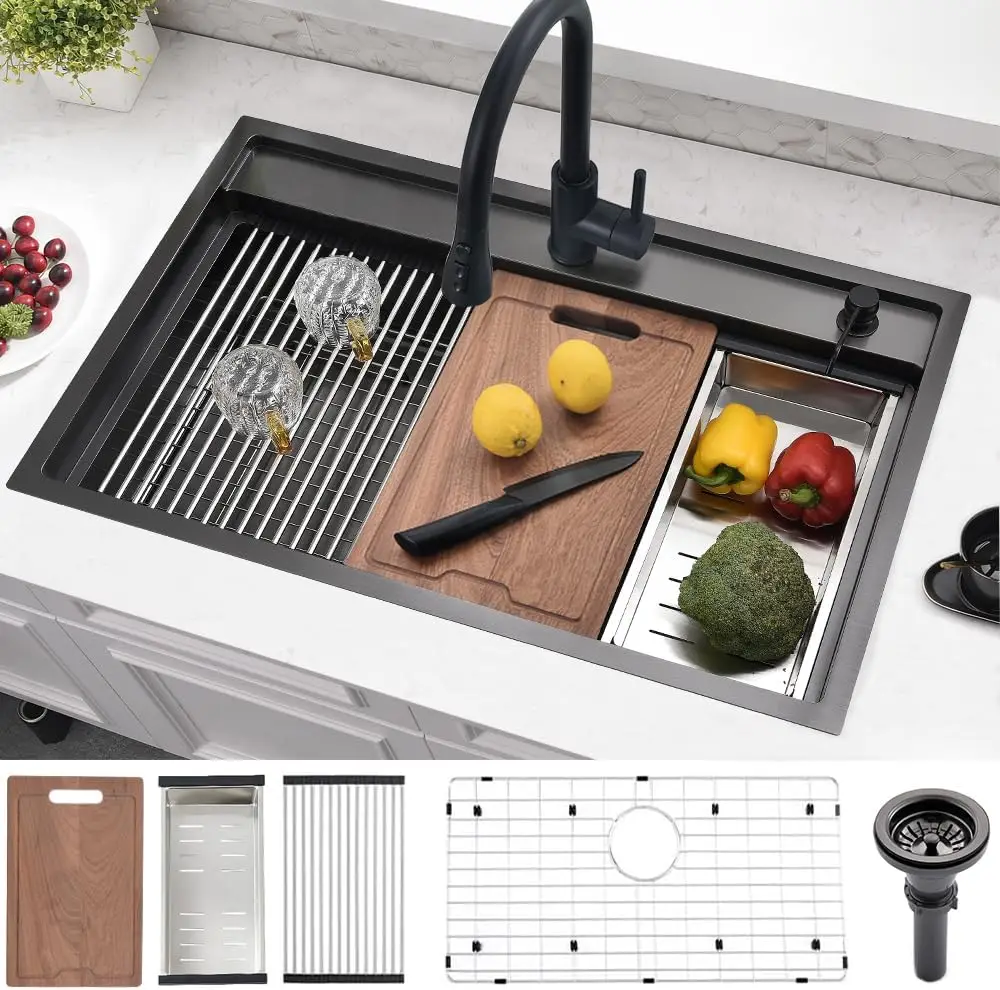 33×19 Inch Black Nano Coated 16 Gauge Stainless Steel Drop In Top Mount Workstation Kitchen Sink, Deep Single Bowl Washing Basin With Splash Guard & Complete Matching Accessories For Household Kitchen Renovation