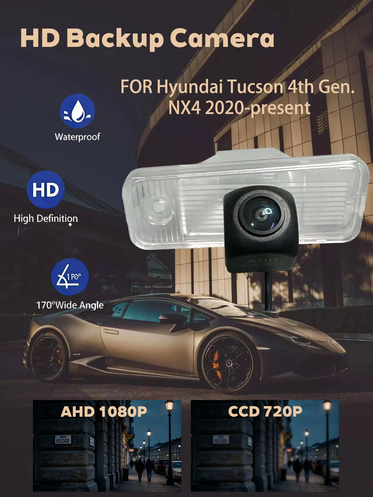 For Hyundai Tucson 4th Gen. 2020-present CCD 720P & AHD 1080P Available HD Waterproof Night Vision Rear View Backup Camera