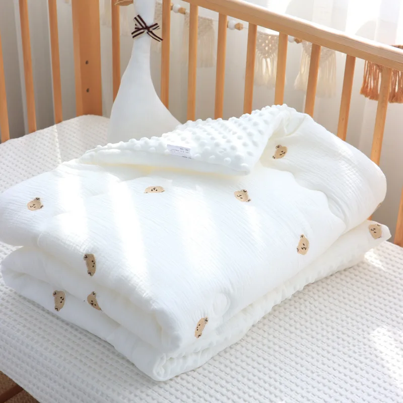 Winter Thick Embroidered Bear Tiger Muslin Cotton Baby Duvet Soft Newborn Thermal Comforter Infant Baby Crib Blanket with filler