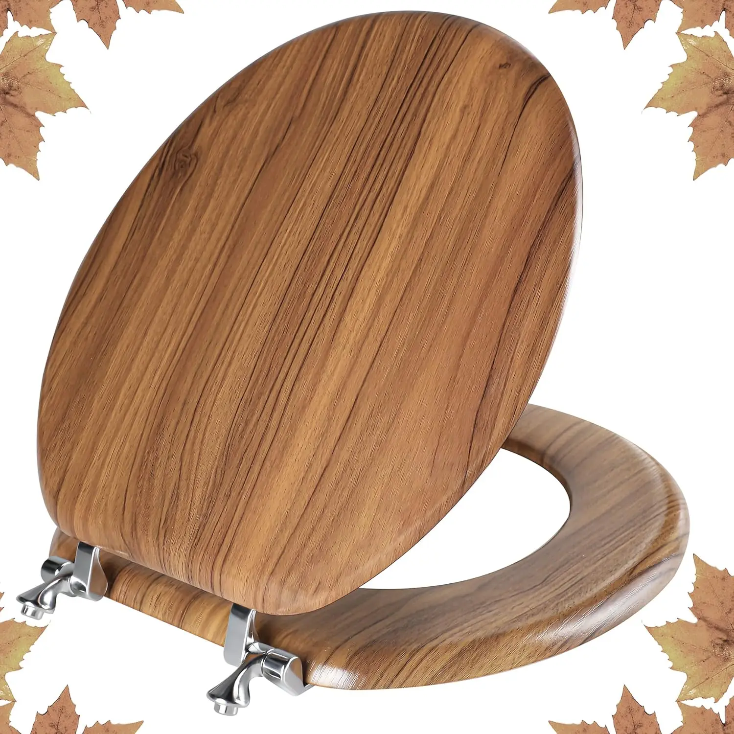 

Round Wooden Toilet Seat with Zinc Alloy Hinges, Easy Install and Clean, Anti-Pinch Design