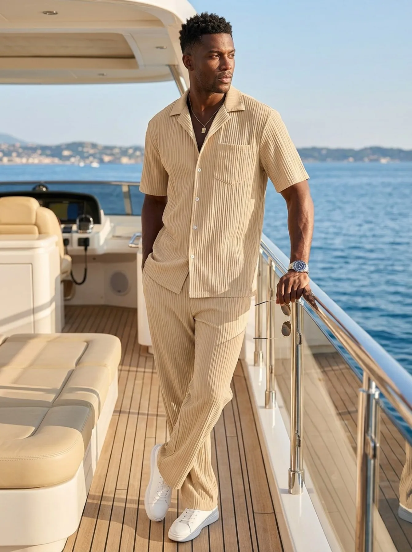 Men Pleated 2 Piece Outfits Lapel Short‑Sleeve Button Shirt & Straight Pants Set Loose Matching Suit For Summer Holiday Beach view 6