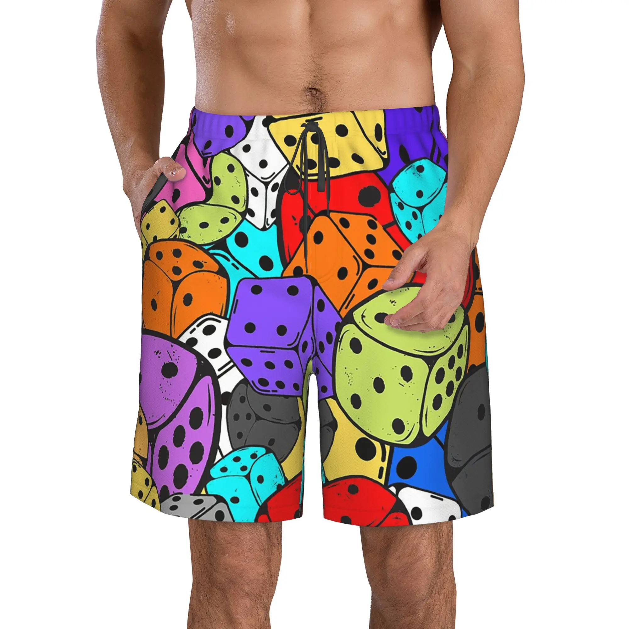 Abstract Colorful Geometric Dice Pattern Trunks Beach Board Shorts Casual Quick Dry Swimming Summer Men Pants
