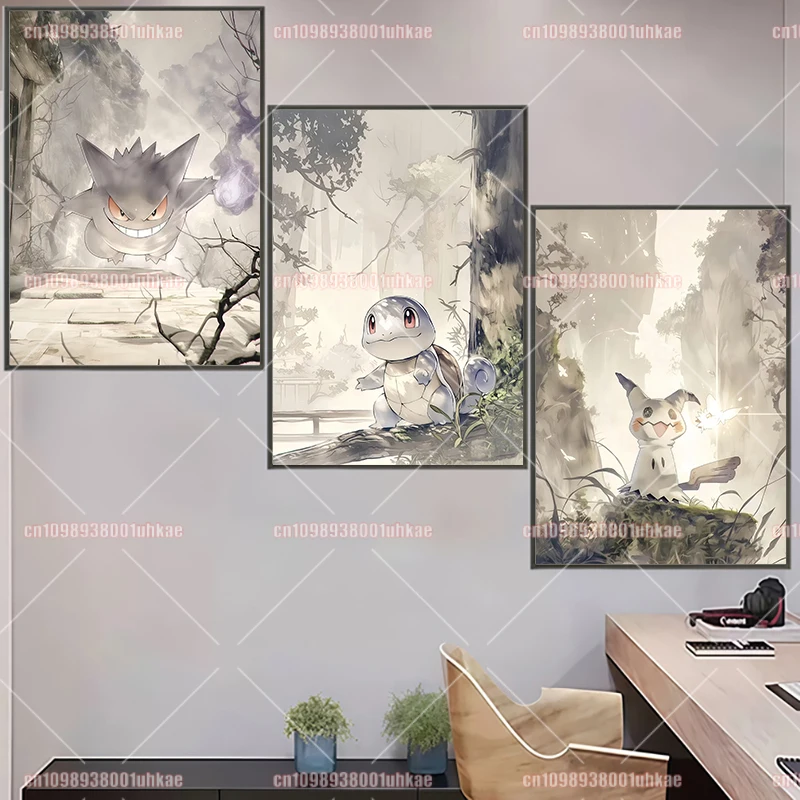 Anime Pokemon Canvas Painting Charmander Gengar Pikachu Eevee Squirtle Poster Retro Art Wall Decoration Painting
