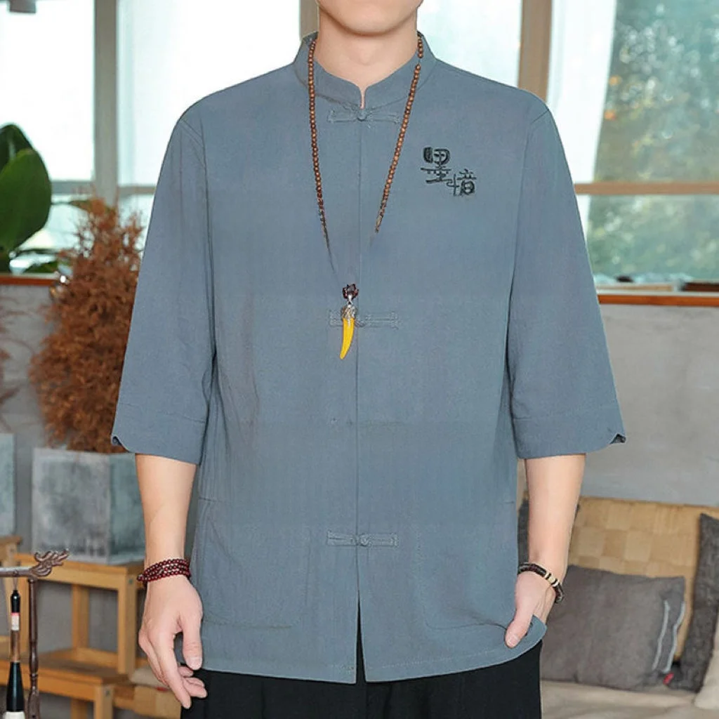 Men's Short Sleeve T-Shirt Summer Loose Cotton Linen Embroidered Large Size Shirt Trendy Geometric Pattern Casual Comfortable