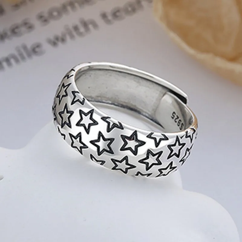 

BOCAI 100% S925 Silver Retro Star Wide Face Trendy Ring for Men and Women Versatile and Simple Artistic Jewelry Birthday Gift