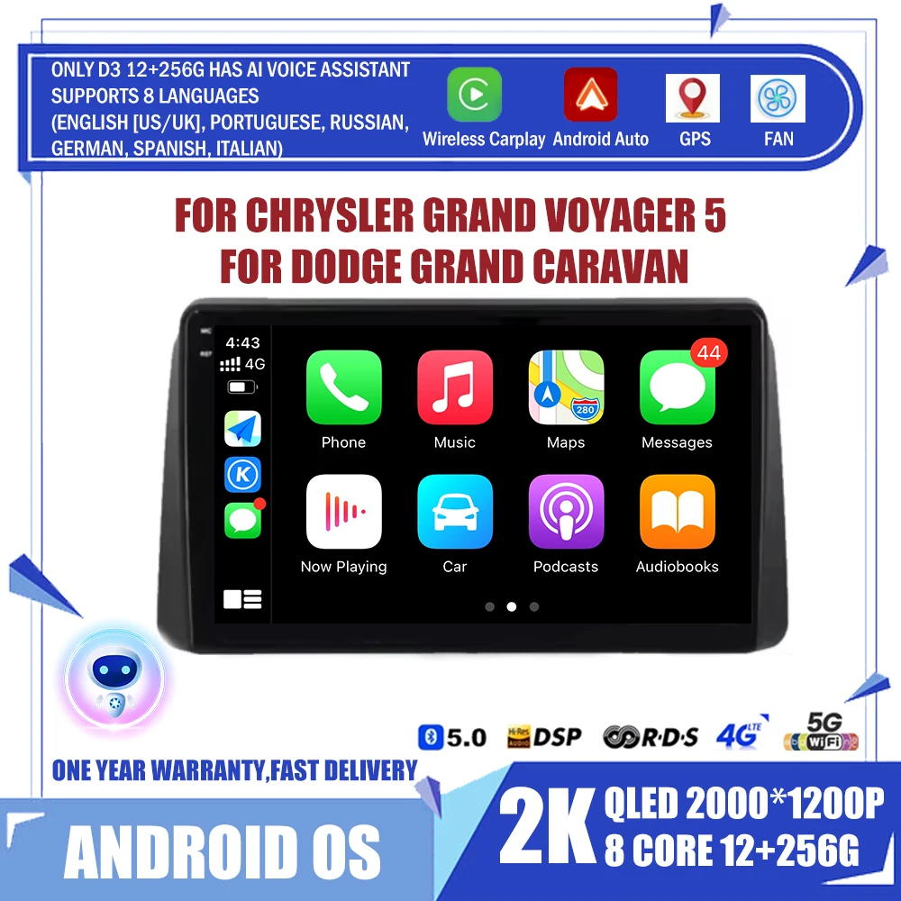 

Android 14 For Chrysler Grand Voyager 5 2011 - 2015 For Dodge Grand Caravan 2008-2020 Car Radio Player Multimedia GPS DSP WIFI