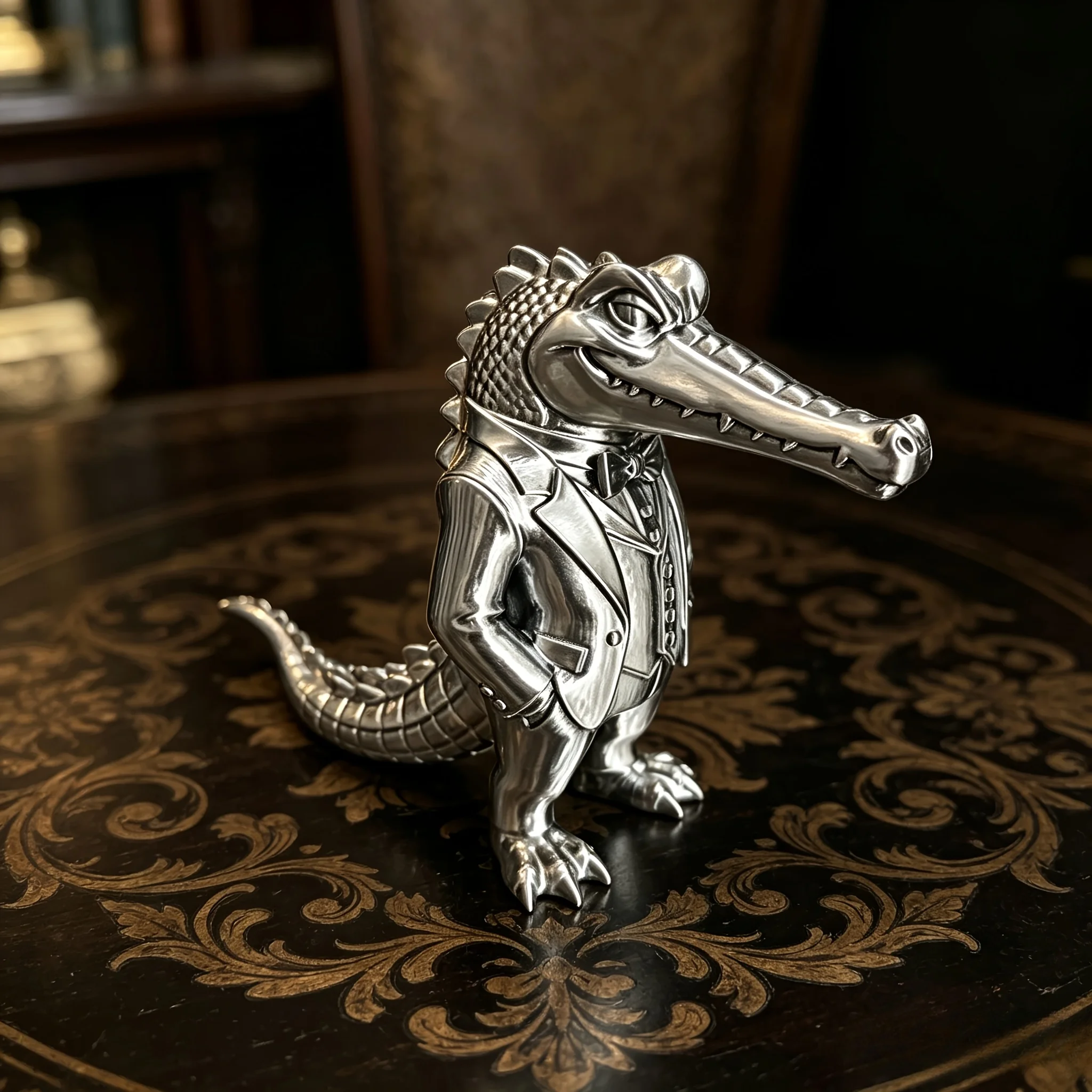 Gentleman Suit Crocodile Statues 3D Printed Gentleman Croc Figurines Retro Desktop Bookshelf Ornament Business Style Collectible