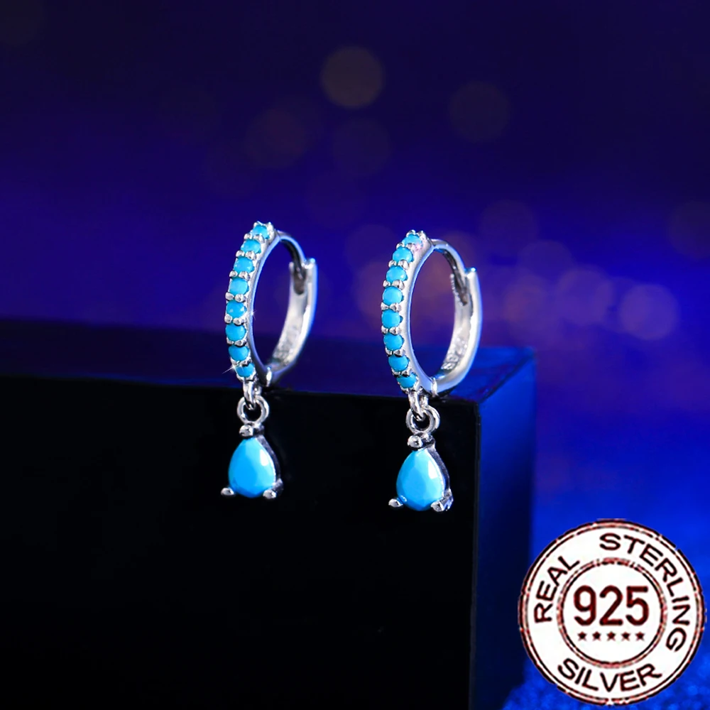 CWWZircons Sterling Silver 925 Elegant Water Drop Blue Turquoise Dangle Hoop Earrings for Women Wedding Party Jewelry Gift SE100 6