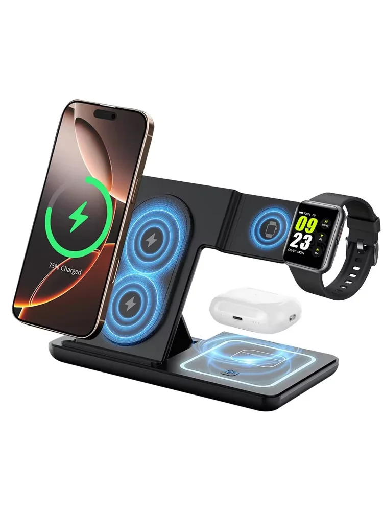 KEBIDUMEI 3 IN 1 Fast Magnetic Wireless Charger Stand Foldable Charging Station for Phone 18 17 16 15 Apple Watch Headphones