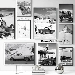 Black and White Vintage Skiing Photo Winter Sport Aspen Apres Ski Resort Poster Canvas Painting Wall Pictures Home Decor