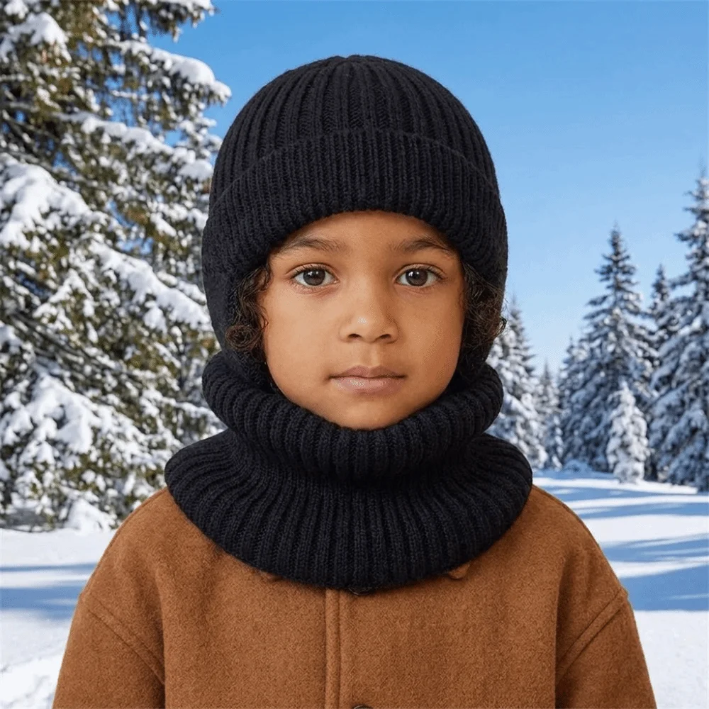 Fashion Wool Scarf Hat Set Coldproof Solid Color Ear Protection Cap Earflap Windproof Children Knitted Benines Outdoor
