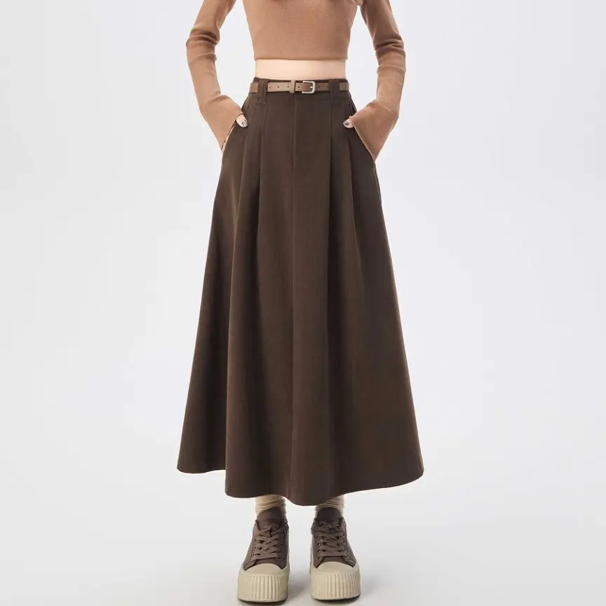 

Qiukichonson Mid Long Skirts Womens Corduroy Skirt 2025 Autumn Winter Vintage High Waist Ruffle Pleated Maxi Skirts With Belt