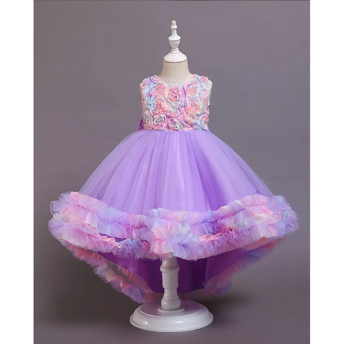 Charlotte Stylish Little Girls 3D Rose Petal Flower Girl Dress Birthday Party Pageant Hi-Lo Rainbow Gown 68018