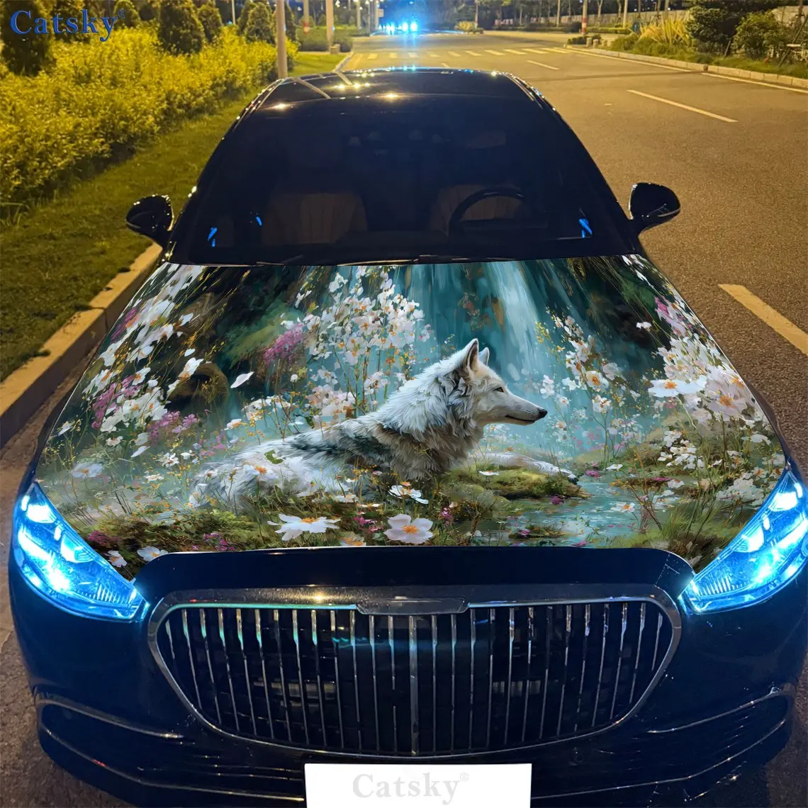 

Wolf & Flower - Waterfall Car Engine Hood Sticker, Auto Vinyl Wraps, Waterproof Self-adhesive Vehicle Decal, Durable & Anti-scra