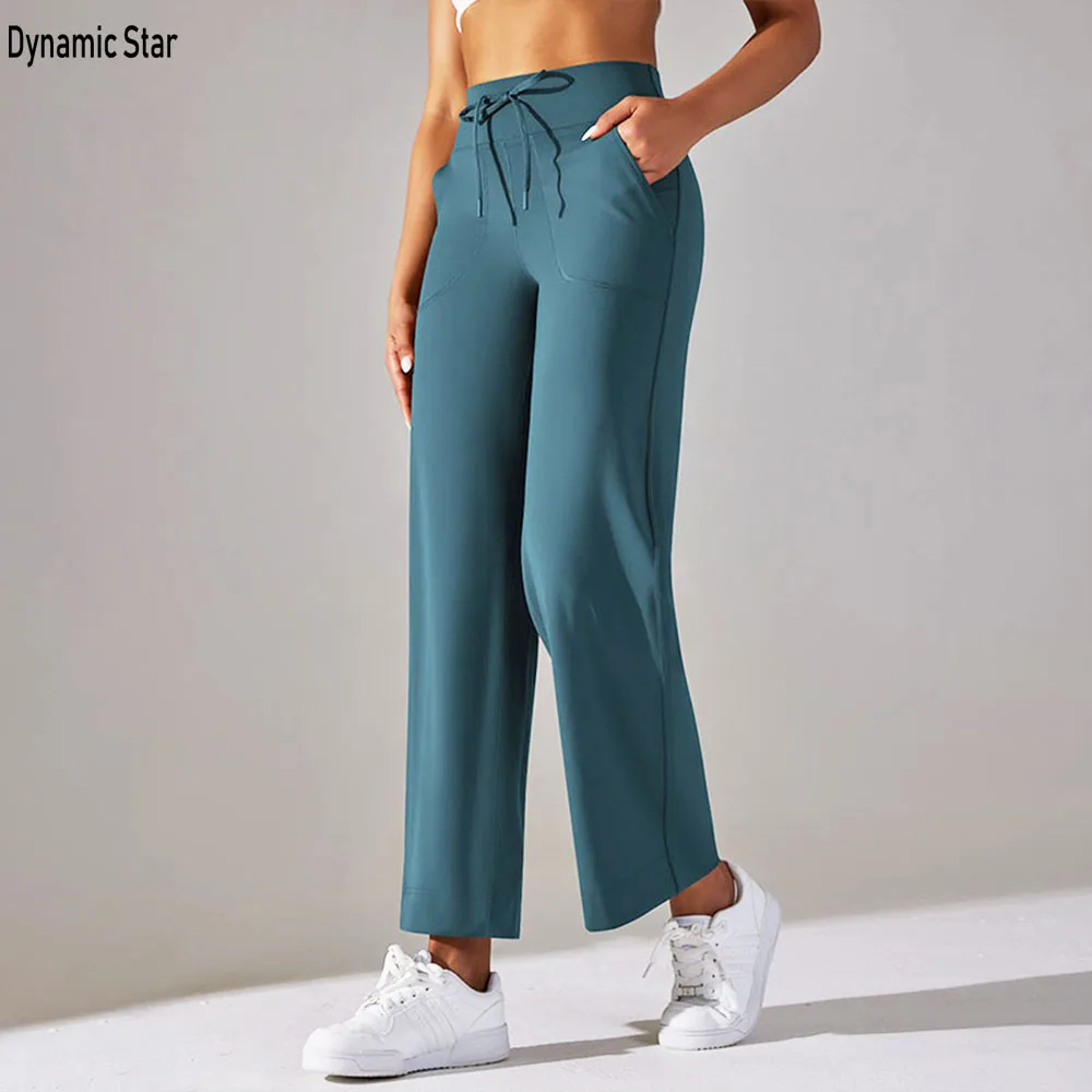 

Solid Straight Yoga Pants For Women High Waist Elasticity Casual Pants With Pockets Gym Leggings Fitness Sports Workout Trousers