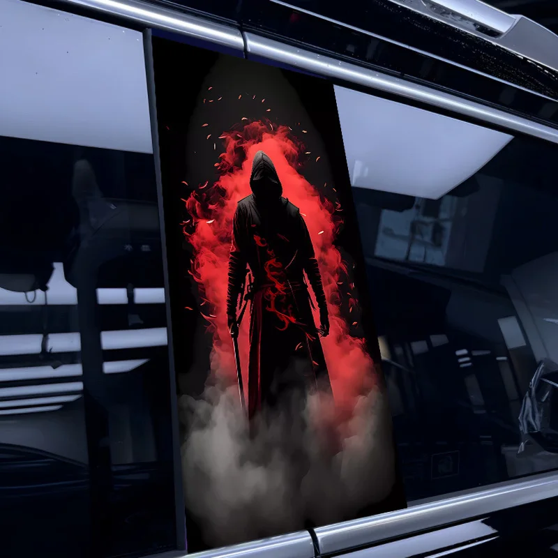 2-Piece Firefighter Silhouette Glossy B-Pillar Car Decal - Fantasy Themed Rectangular Sticker Scratch Resistant Cartoon Pattern