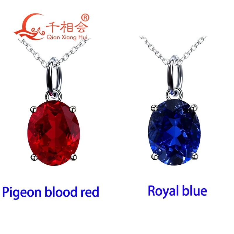 Oval 8x10mm 3.6ct Pigeon Blood Red Ruby Royal Blue/Cornflower Lab Grown Sapphire Inclusions 925 Silver for Pendant Necklace