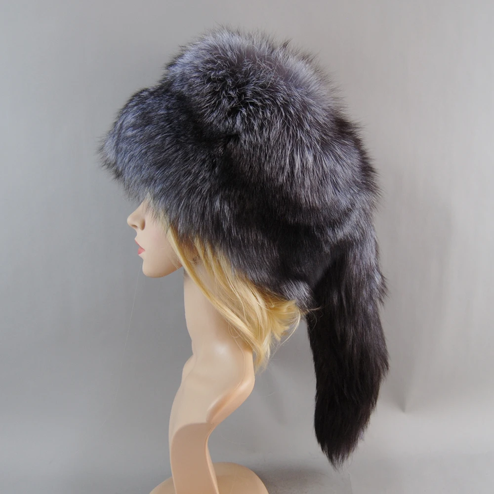 New Lady Fluffy Wholeskin Real Fox Fur Bomber Hats Russian Women Luxurious 100% Natural Fox Fur Cap Winter Thick Fur Hat