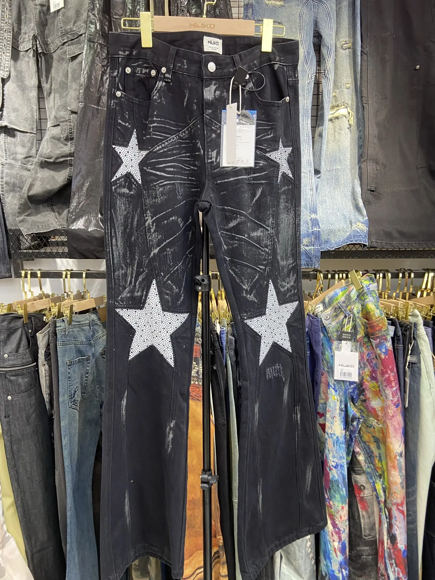 

Retro American Ro Star Five Pointed Star Rhinestone Waed out Jeans Men's Trendy mid Waist Printed Splicing 3D Trimmed Jeans