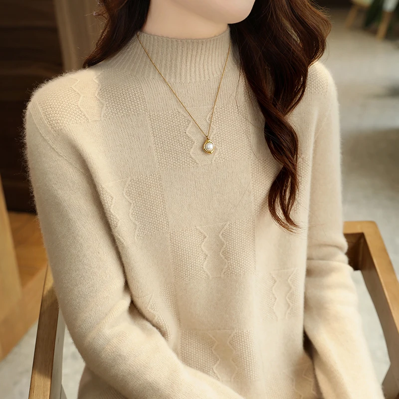 Autumn/Winter new women's sweater 100% Merino cashmere half-turtleneck pullover Fashion Korean print warm base knit shirt